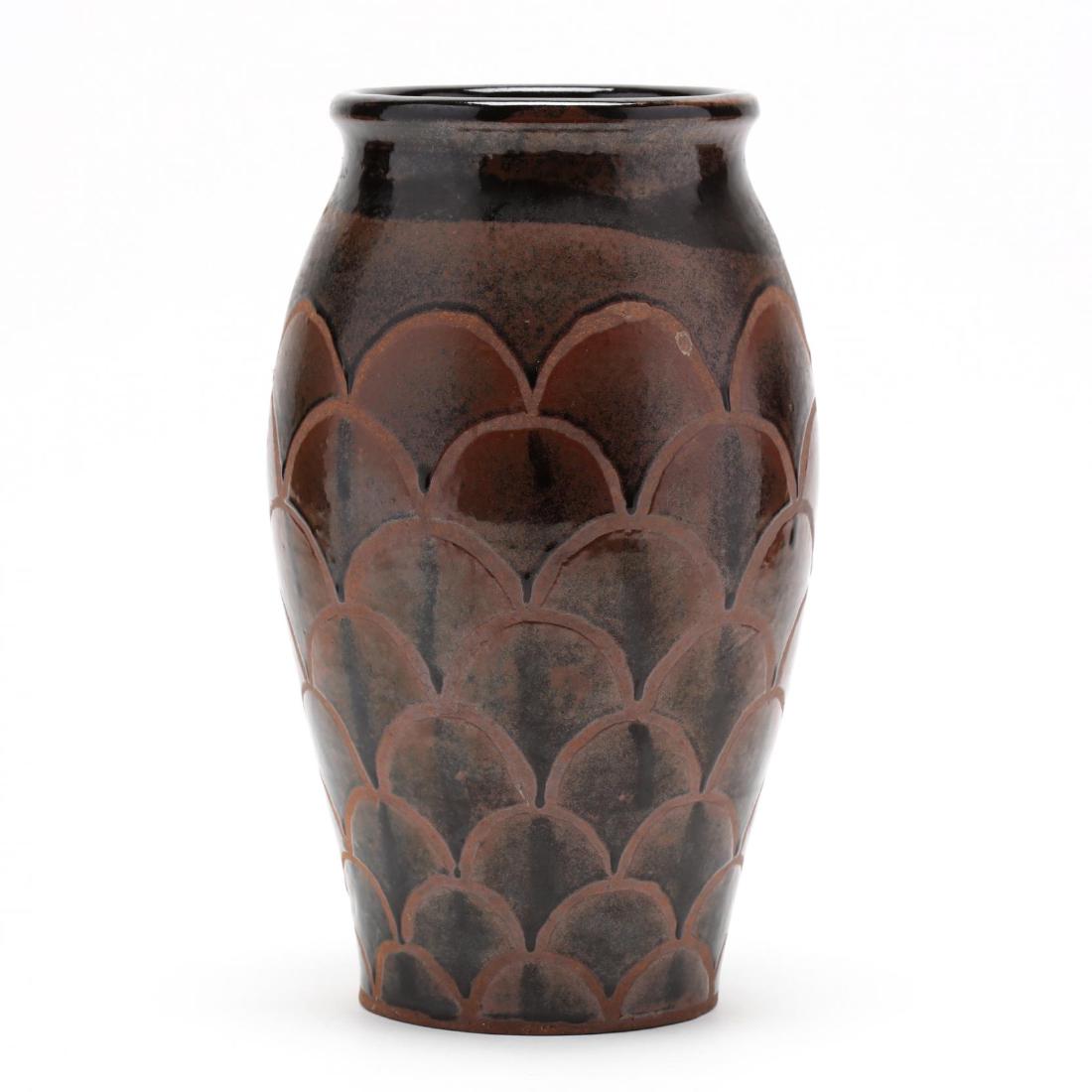 Phillips Hewett (NC) Pottery Vase: 1989, scale decoration, inscribed "For Martha". 11.5 in. Additional high-resolution photos are available at LelandLittle.com