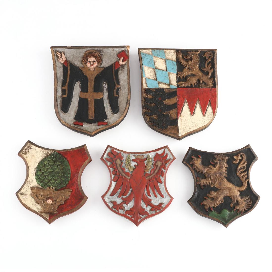 Five Vintage Carved and Painted Wood Heraldic Plaques (1 of 2)