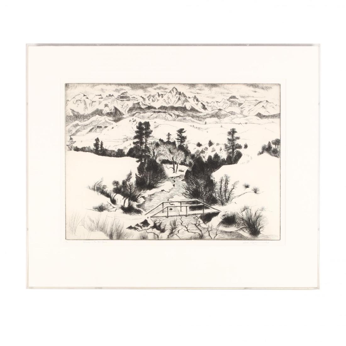 Gene Kloss (NM/CA, 1903-1996), February in the San: etching, 1968, pencil signed, titled, and numbered 2/75 lower margin, matted and presented in acrylic frame. Platemark 13 x 18 in.; DOA 20 1/2 x 24 1/2 in. Private Collection, Alexandria, VA Additiona
