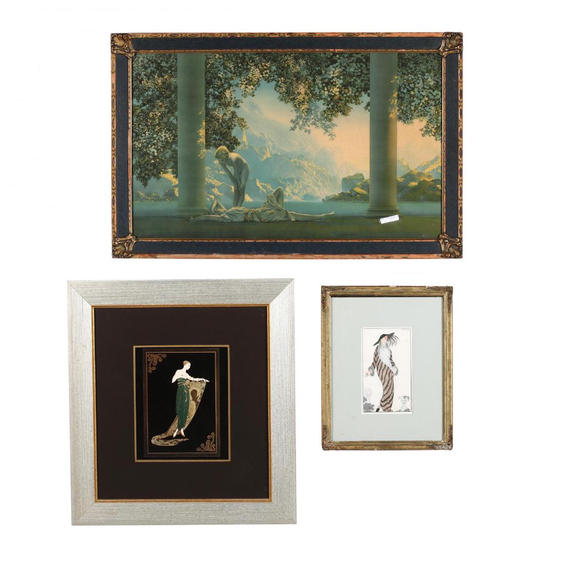 Three Art Deco Prints: 20th century, the first and second: mechanical reproduction prints, to include a print after ErtÃ© and a print after Geroges Barbier; the third: Maxfield Parrish (American, 1877-1966), Daybreak, chr