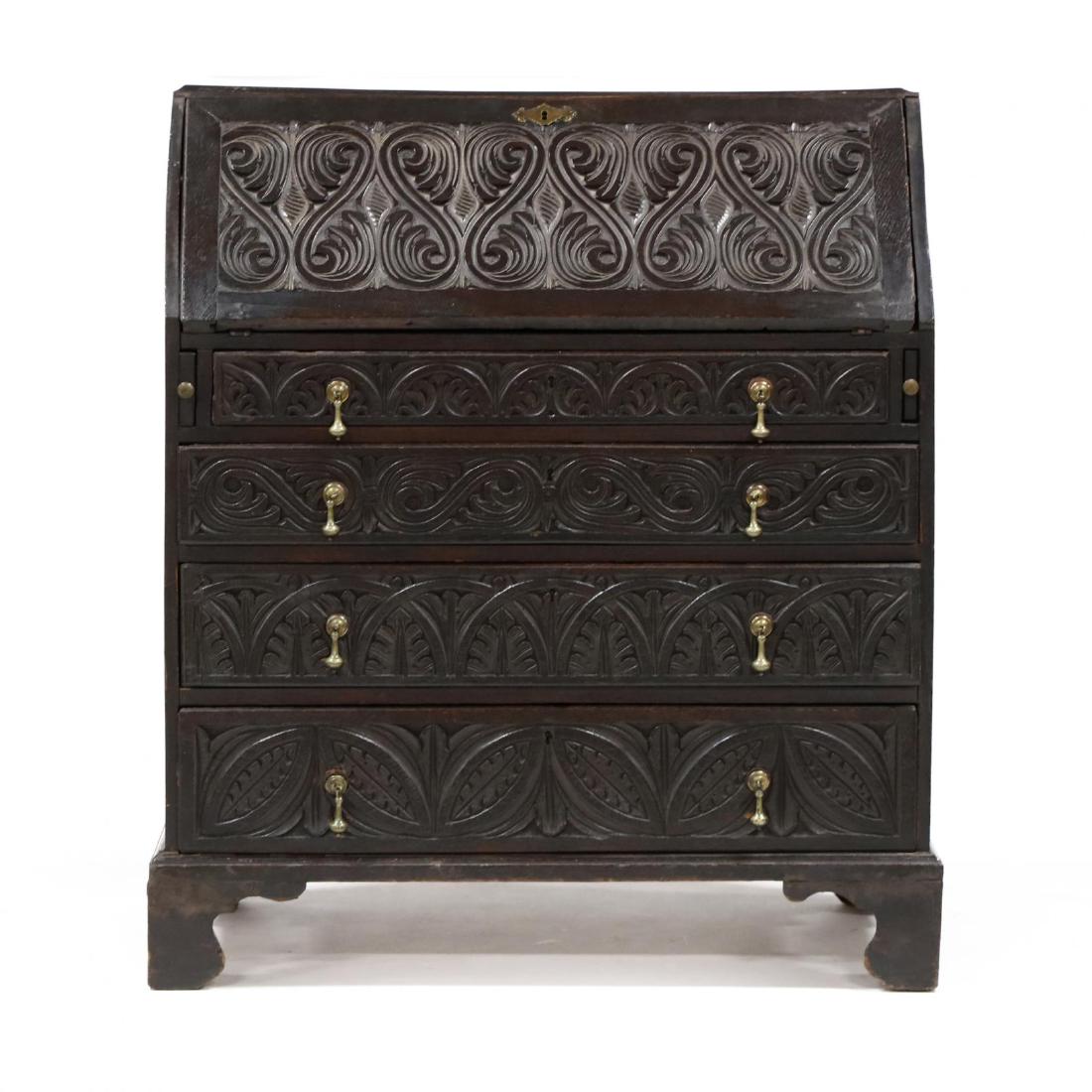 Antique Jacobean Style Carved Oak Slant Front Desk (1 of 6)