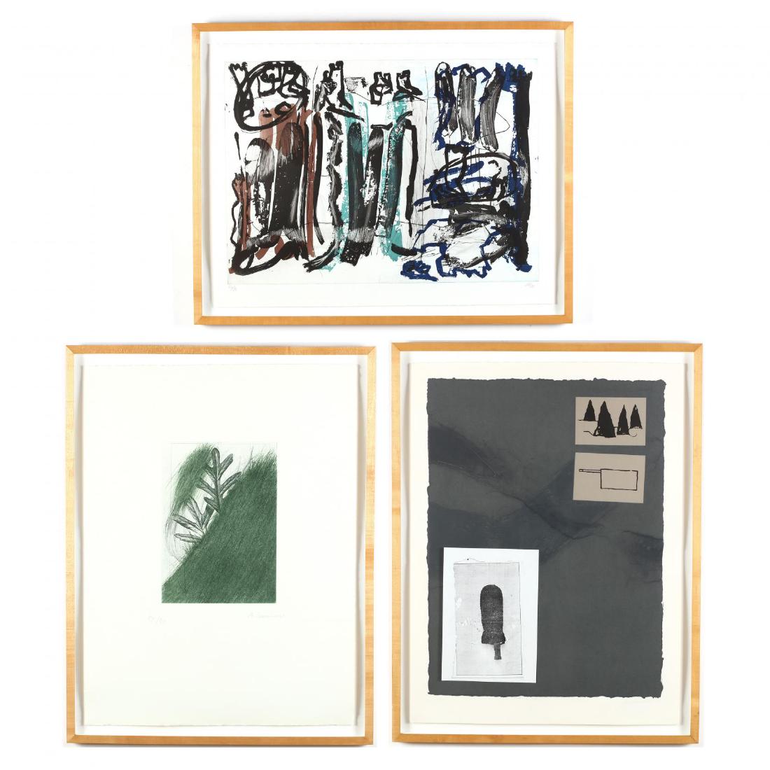 Three Works from the For Joseph Beuys Portfolio: the first: Per Kirkeby (Danish, 1938-2018), Untitled, etching and aquatint; the second: Arnulf Rainer (Austrian, born 1929), Eichenblatt, photo etching and etching; the third: JuliÃ£o Sarmento (Port
