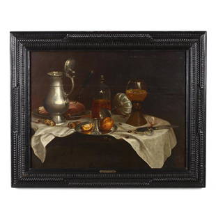 style of Willem Claesz. Heda (Dutch, 1594-1680), Still: oil on panel with waxed canvas backing, unsigned, late 17th century, presented in a period appropriate later Dutch ebonized ribbon molded frame with gallery plaque. SS 22.5 x 29.5 in.; DOA 30 x 37.25