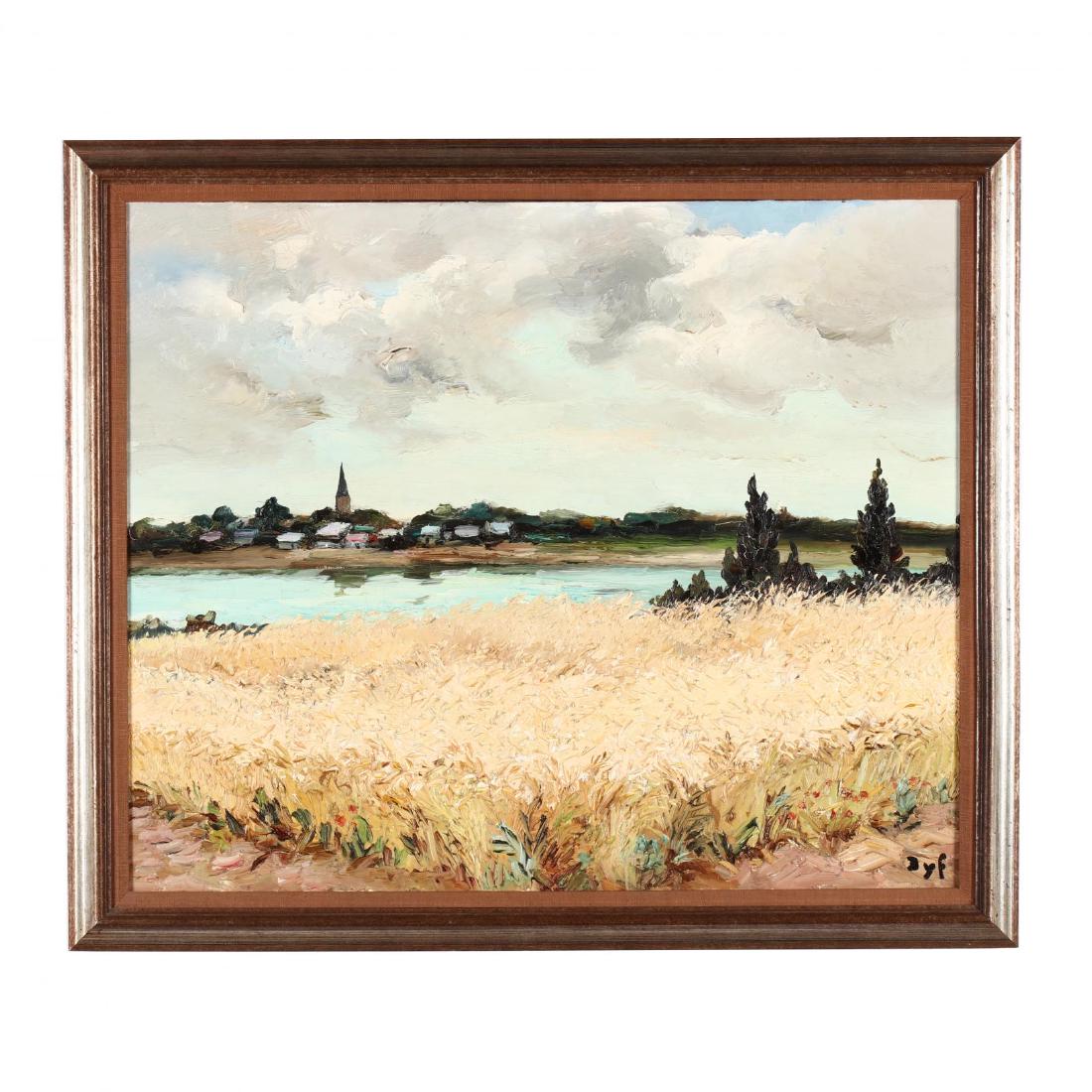 Marcel Dyf (French, 1899-1985), Saint Colombier: oil on canvas, signed at lower right, 1965, presented in a later frame, the top stretcher bar retaining a label for R. Lerondelle at 76, Rue Blanche, Paris. SS 23.25 x 28 1/8 in.; DOA 27.75 x 32.25 in