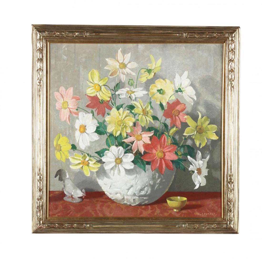 Carl Lawless (1894-1964), Still Life with Dahlias: oil on canvas, signed at lower right, inscribed to top stretcher, retaining a gallery label to the verso "59," presented under glass in an attractive period carved and gilt frame. SS 17.25 x 17.25 in.