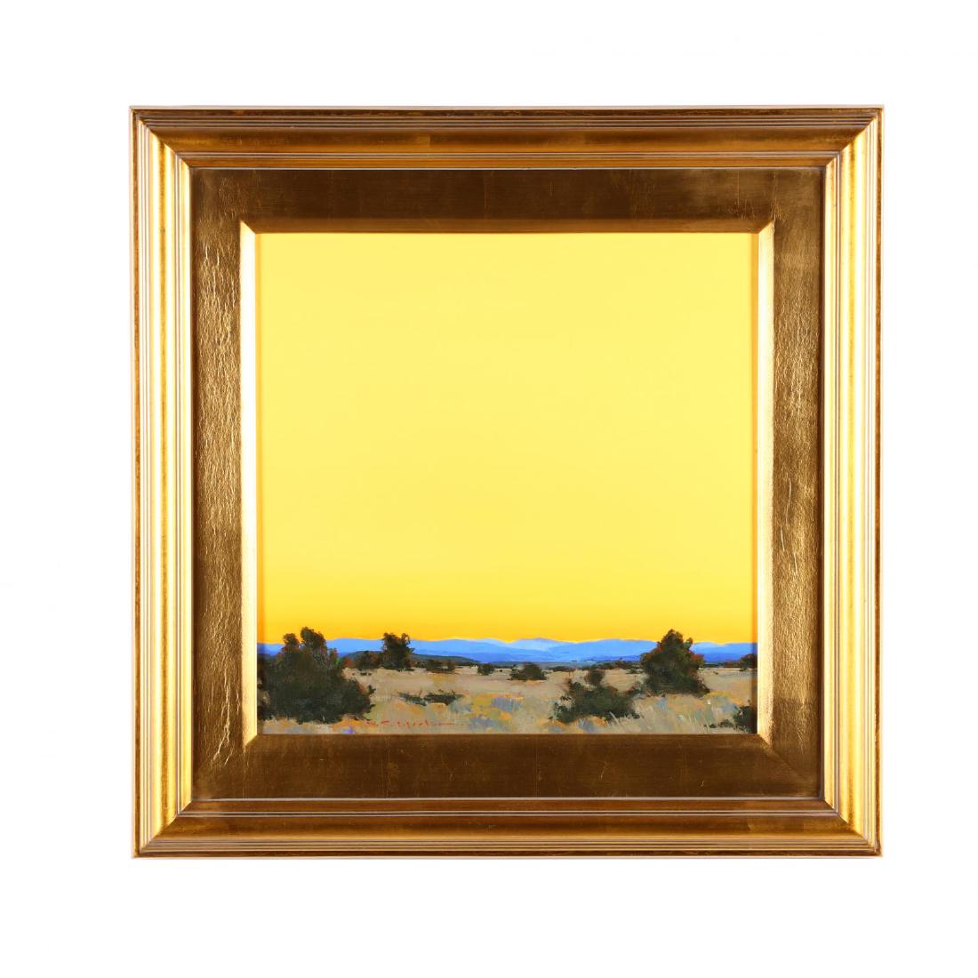 William Cather Hook (b. 1948), Toward Jemez: acrylic on canvas, signed at lower left, inscribed by the artist on the verso, presented in a handsome gilt frame with wide textured gilt liner. SS 17.25 x 17.25 in.; DOA 26 x 26 in. Maintaining studi