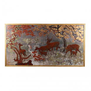 Tran Dzu Hong (Vietnamese, 1922-2002), A Painting of: lacquer on three panels, 1954, signed on lower left corner Tran Dzu Hong together with red artist's seal and date MIXCLIV, decorated with six deer in a lush forest presented in lavish oranges, reds, g