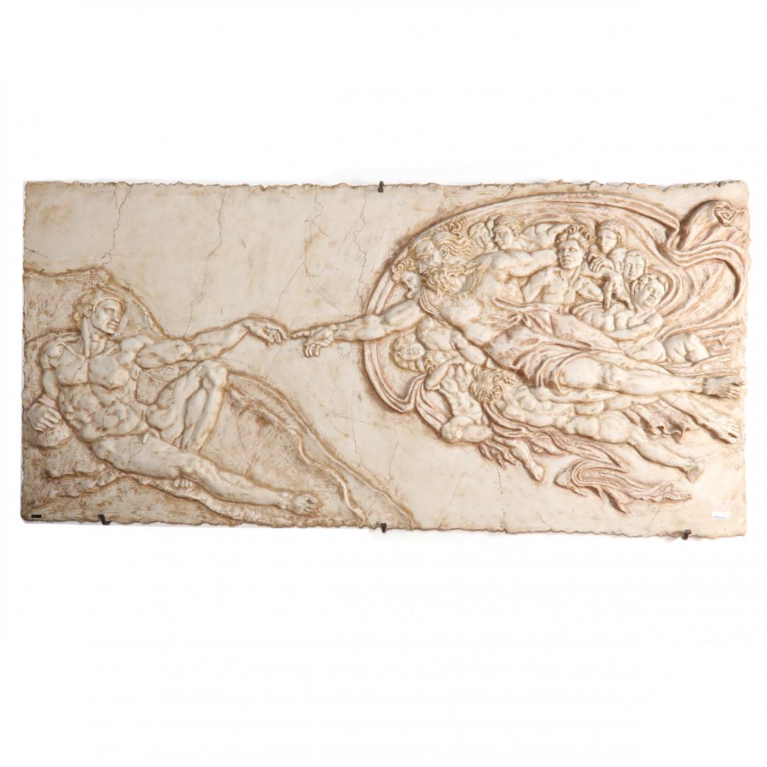 after Michelangelo's Sistine Chapel, Large Composition: contemporary, by Statuarius, relief composition with antiqued surface with chipped edge, brass plaque to corner, with iron wall mount, marked. This lot to be sold on day 1, Wednesday, October 3 (Lots