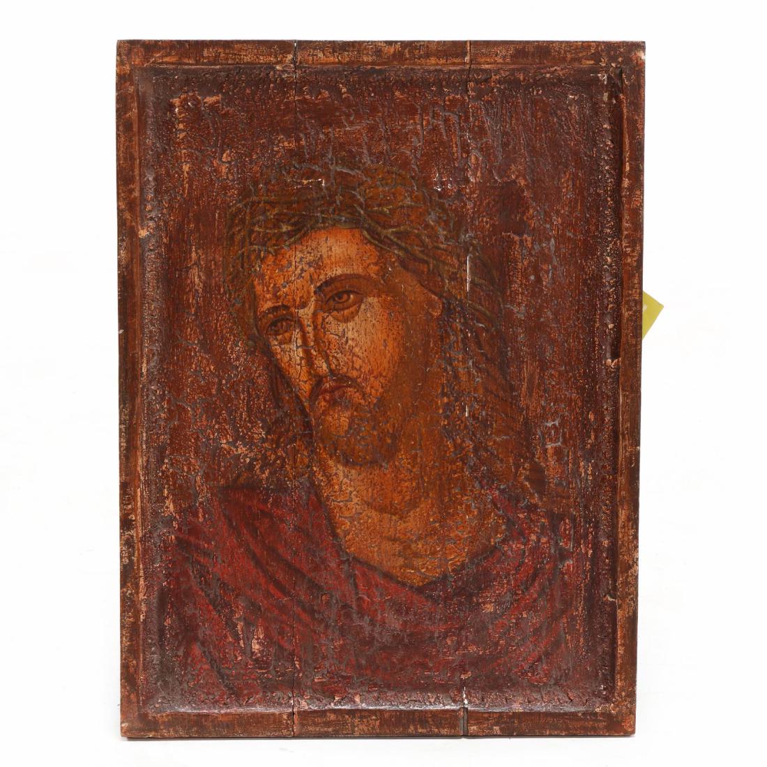Antiqued Icon Featuring Christ: polychrome on wooden panel, 20th century. This lot to be sold on day 1, Wednesday, October 3 (Lots 1-948) 16 x 12 in. From the Complete and Important Collection of NOA Living, Raleigh, North Carolina 