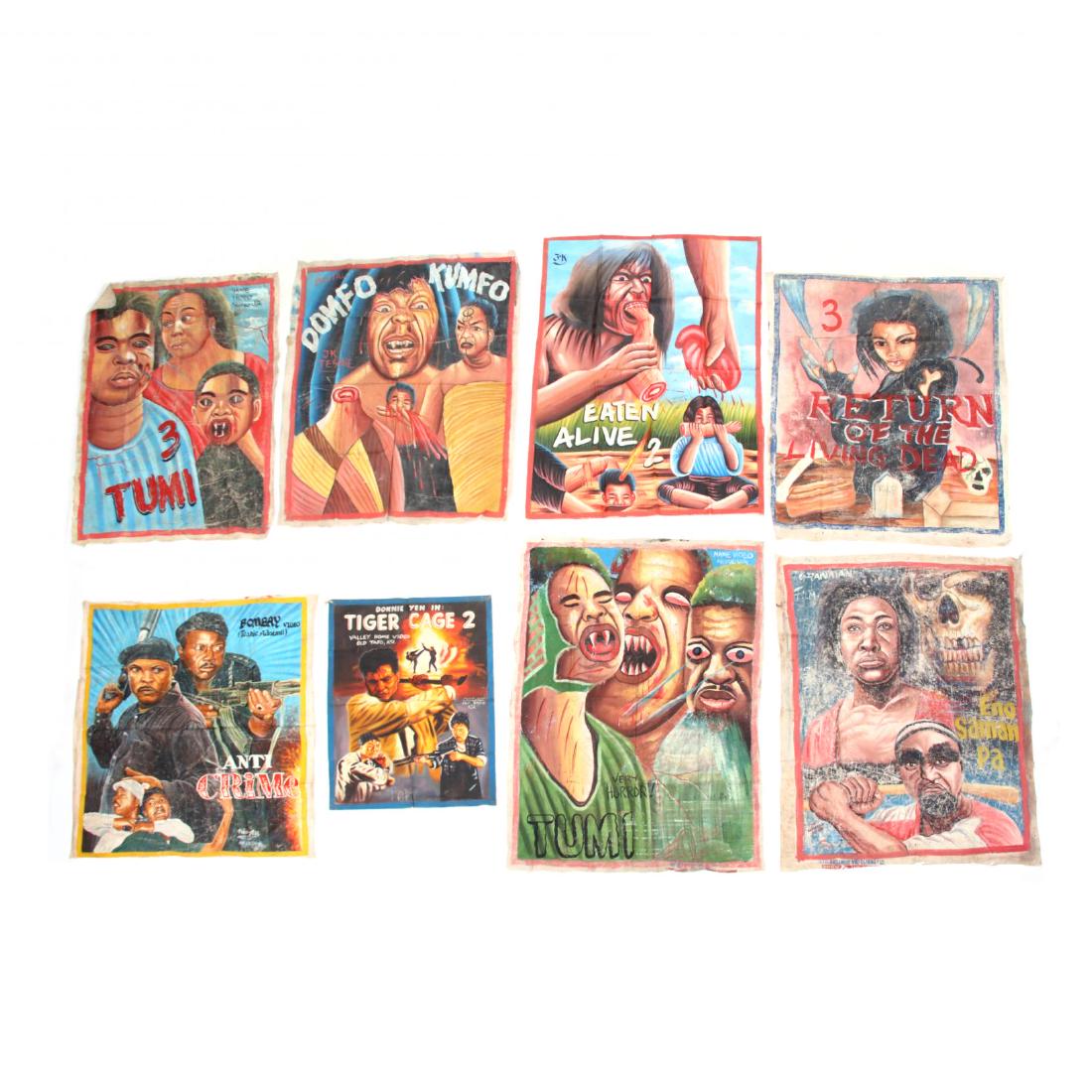 Eight Vintage Ghana Movie Posters: the first Eaten Alive 2 (59.75 x 43.5 in.); the second Anti Crime (50 x 45.25 in.); the third Emo Saman Pa (58 x 45.75 in.) (poor condition); the fourth Dumfo Kumfo (57 x 44 in.); the fifth Tumi 3 (57