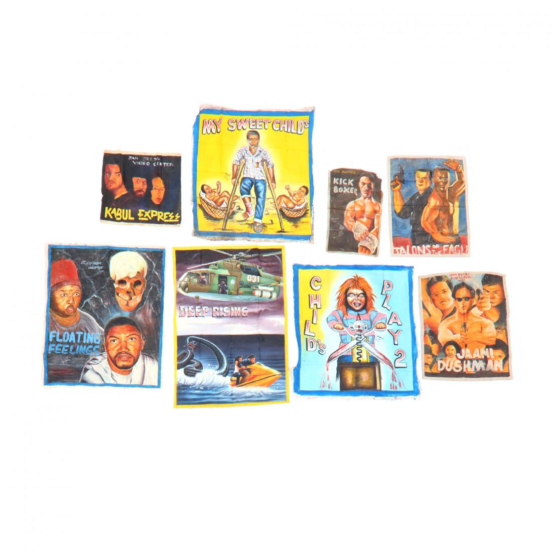 Eight Vintage Ghana Movie Posters: the first Floating Feelings (DOA 53 x 42 in.); the second Talons of the Eagle (DOA 40 x 30.5 in.) (later selvedge to edges); the third Kick Boxer (DOA 33 x 20 in.); the fourth Kabul Express (DOA 28 x 