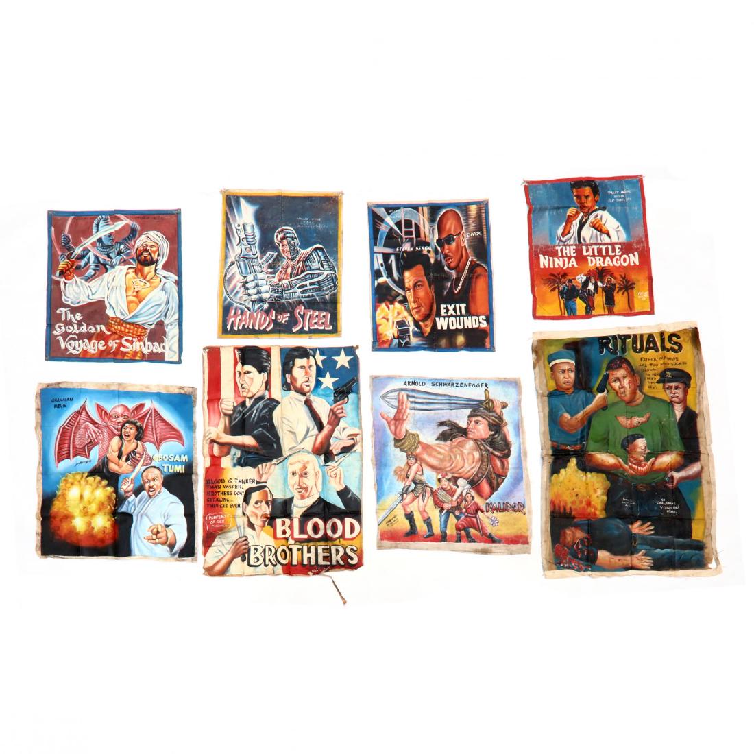 Eight Vintage Ghana Movie Posters: the first Blood Brothers (DOA 58.5 x 40 in.); the second Obosam Tumi (DOA 44 x 40 in.); the third Kalidor (DOA 45 x 39 in.); the fourth Rituals (DOA 65 x 43 in.); the fifth The Golden Voyage of Sinbad