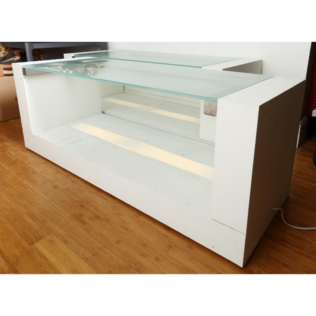 Pair of Contemporary Lighted Console Tables: painted wood with inset frosted glass, lower lighted shelf with acrylic, on flush base. This lot to be sold on day 1, Wednesday, October 3 (Lots 1-948) 24 x 24 x 66 in. From the Complete and Importan