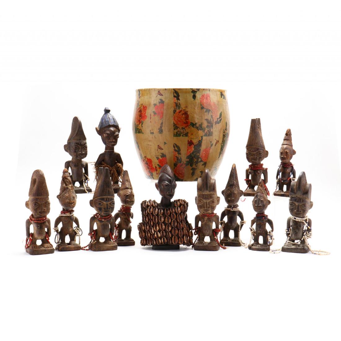 Thirteen Carved African Figures in Chinese Basket (1 of 8)