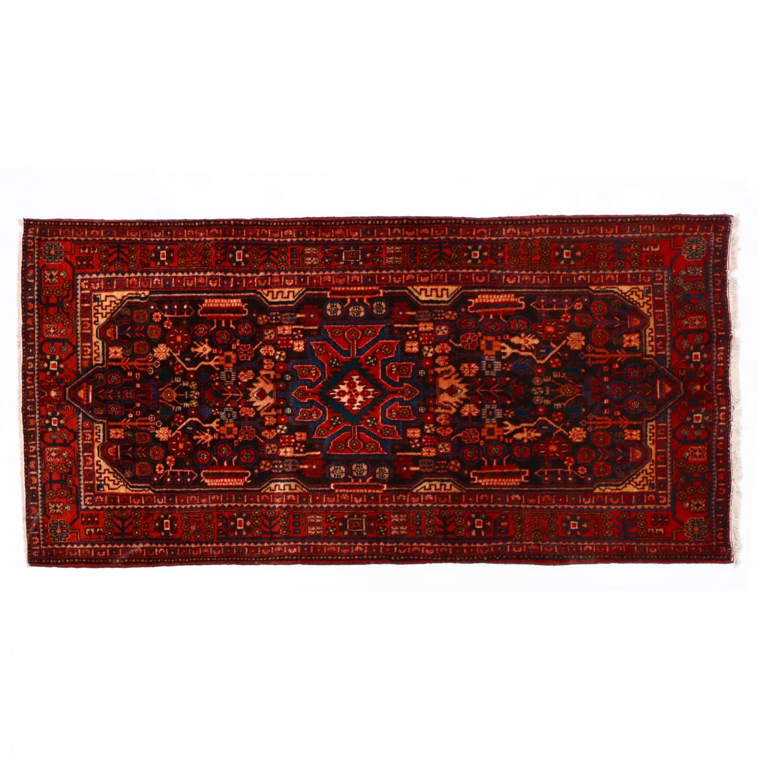 Hamadan Rug (4 ft. 9 in. x 9 ft. 5 in.): dark brown field with rust and blue medallion, field with geometric and rosette motifs, red main guard border. This lot to be sold on day 1, Wednesday, October 3 (Lots 1-948) 4 ft. 9 in. x 9 ft. 5 in.