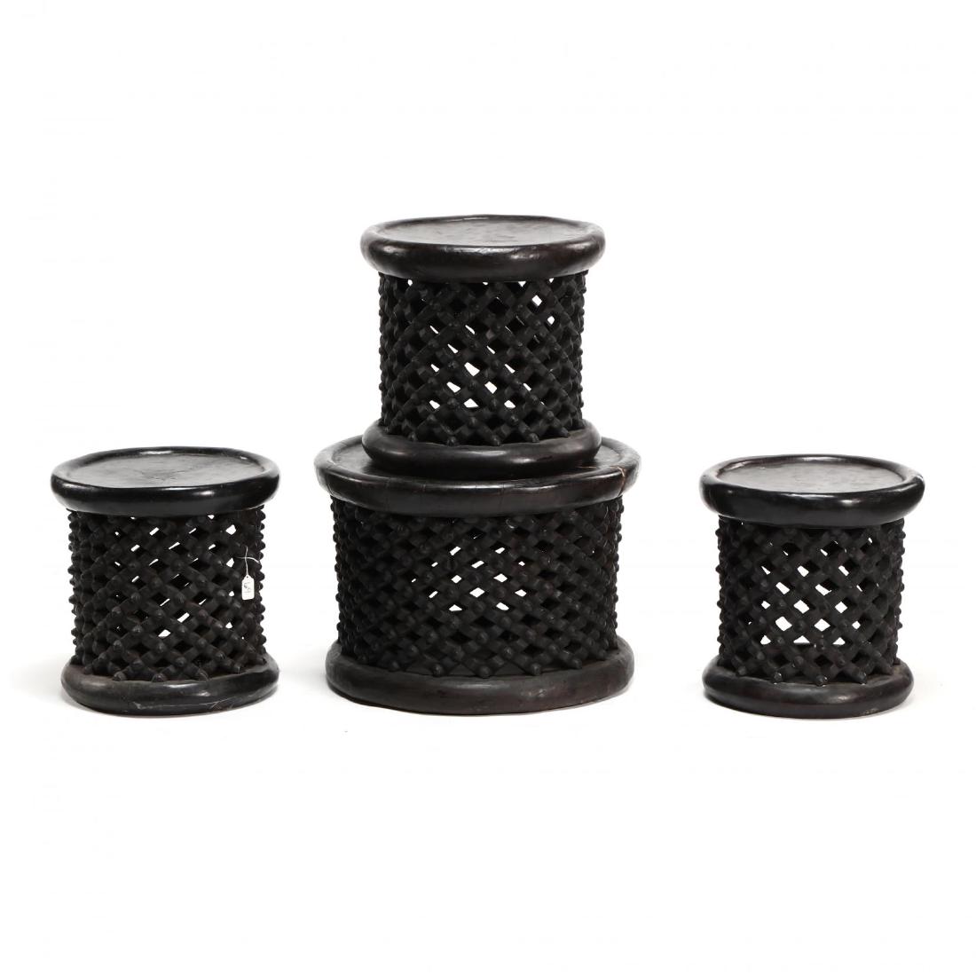 Four Graduated African Bamileke Spider Tables: 20th century, West African, Cameroon, carved, round tables with spider web design. This lot to be sold on day 2, Thursday, October 4 (Lots 949-2020) 16.5 x 23 in. (largest) From the Complete and Impor