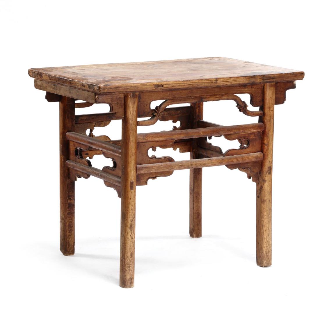 Chinese Elmwood Altar Table: 20th century, elmwood altar table of rectangular form with shaped apron, tenon construction, supported on four straight legs. This lot to be sold on day 2, Thursday, October 4 (Lots 949-2020) 32.5 x 3