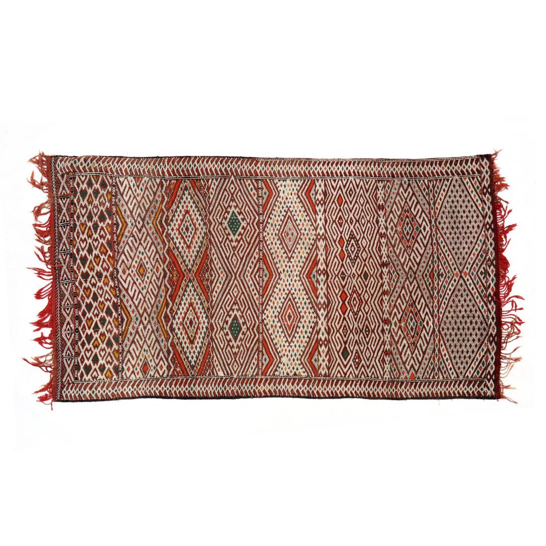 Marmoucha Hanbel Area Rug (5 ft. 4 in. x 9 ft. 8 in. ): red, orange, green, white, repeating geometric bands. This lot to be sold on day 2, Thursday, October 4 (Lots 949-2020) 5 ft. 4 in. x 9 ft. 8 in. From the Complete and Important Collection of NOA Liv