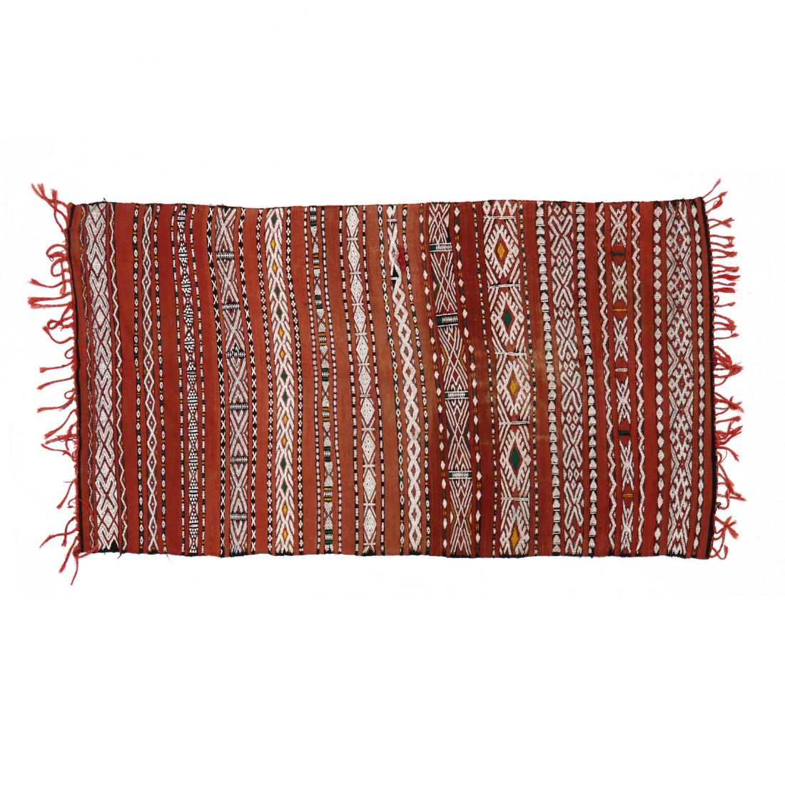 Zemmour Hanbel Area Rug (5 ft. 2 in. x 9 ft. 6 in.): terra cotta, green, yellow and white, solid and geometric banding. This lot to be sold on day 2, Thursday, October 4 (Lots 949-2020) 5 ft. 2 in. x 9 ft. 6 in. From the Complete and Important Collecti