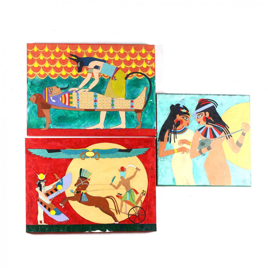 Three Original Egyptian Motif Paintings by Wolf Bolz: encaustic on canvas, each signed, unframed. This lot to be sold on day 3, Friday, October 5 (Lots 2021-2601) 30 x 40 in.; 30 x 30 in.; and 30 x 40 in. Wolf Bolz is a Raleigh based artist working in m