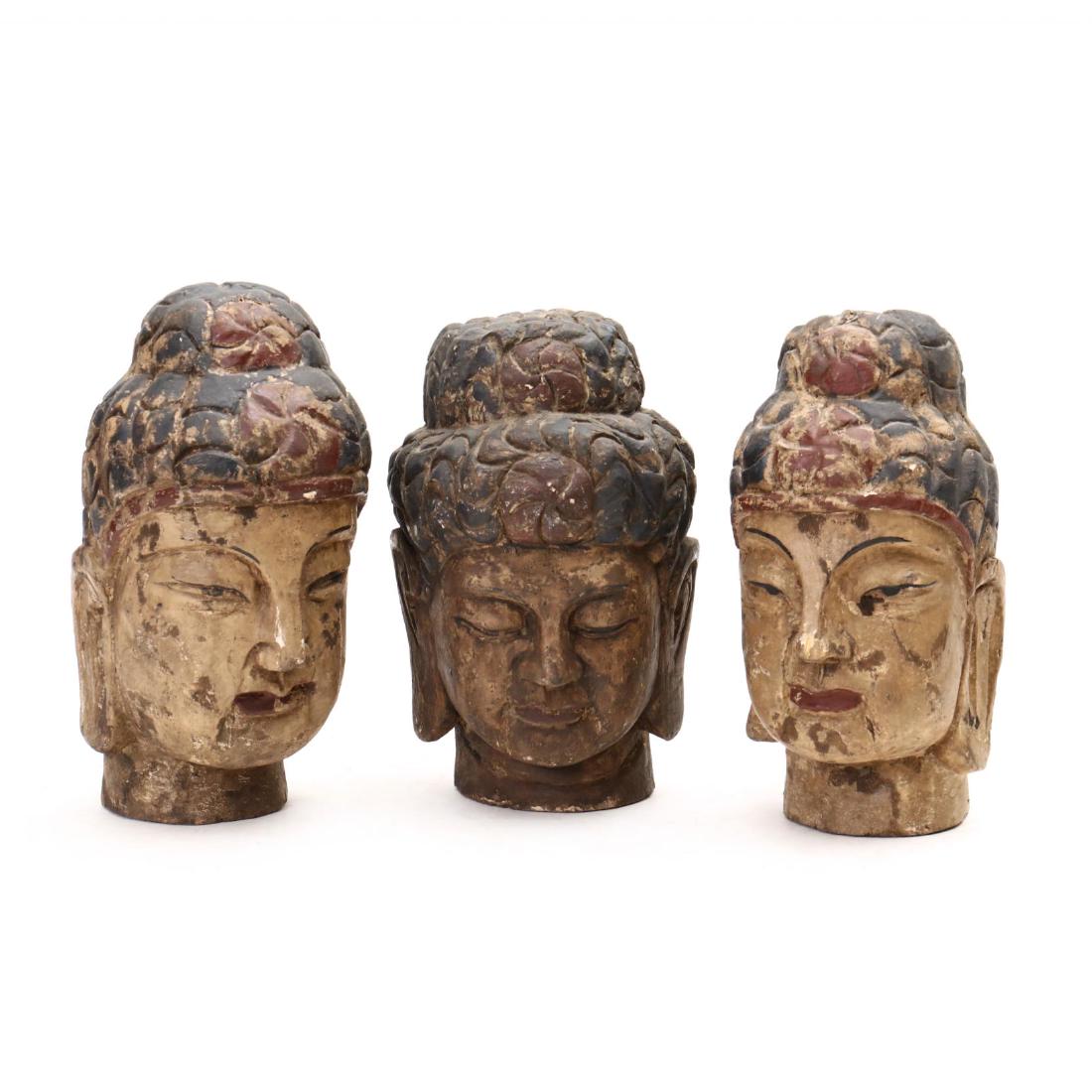 Three Contemporary Carved Wood Buddha Heads (1 of 4)