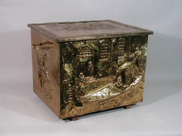 Italian Log Box,: Italian Log Box, c. 1900, repousse brass, showing drinking scenes, gondola, etc. 17"h x 21"w x 17"d