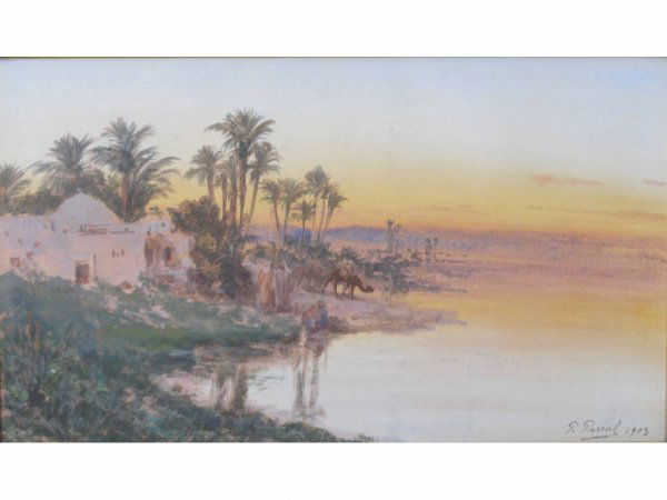 Paul Pascal (D.C., 1832-1903), Bedouin Oasis,: Paul Pascal (D.C., 1832-1903), Bedouin Oasis, watercolor and gouache on paper, signed and dated lower right "P. Pascal 1903," depicts a sunset desert scene with camels, Bedouins, palm trees, and a sun
