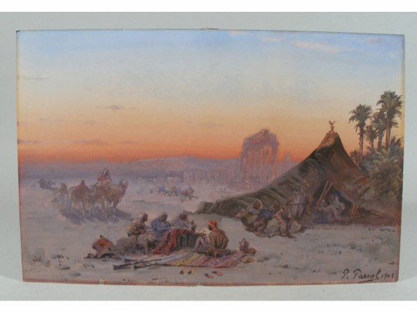 Paul Pascal (D.C., 1832-1903), Arabian Encampment: Paul Pascal (D.C., 1832-1903), Arabian Encampment, gouache on card, signed and dated lower right "P. Pascal 1902," depicts an Arabian encampment at dusk with figures engaged in trading and discussion