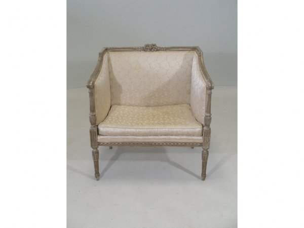 Louis XVI Style Window Seat, Late 19th c.,: Louis XVI Style Window Seat, Late 19th c., probably Italian, antique paint decorated wood frame w/silk satin upholstery, the seat features a carved ribbon bow-knot crest, the scrolled arms are support