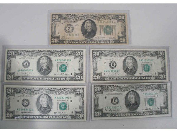 Five Obsolete Federal Reserve $20 Bills,: Five Obsolete Federal Reserve $20 Bills, Series 1928A; 1950B; 1988A; 1990; 1993. The 1928 is in fine condition while the newer ones are XF-CU.