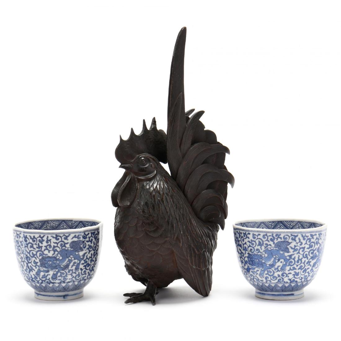 A Japanese Bronze Rooster Okimono and Two Tea Cups (1 of 4)