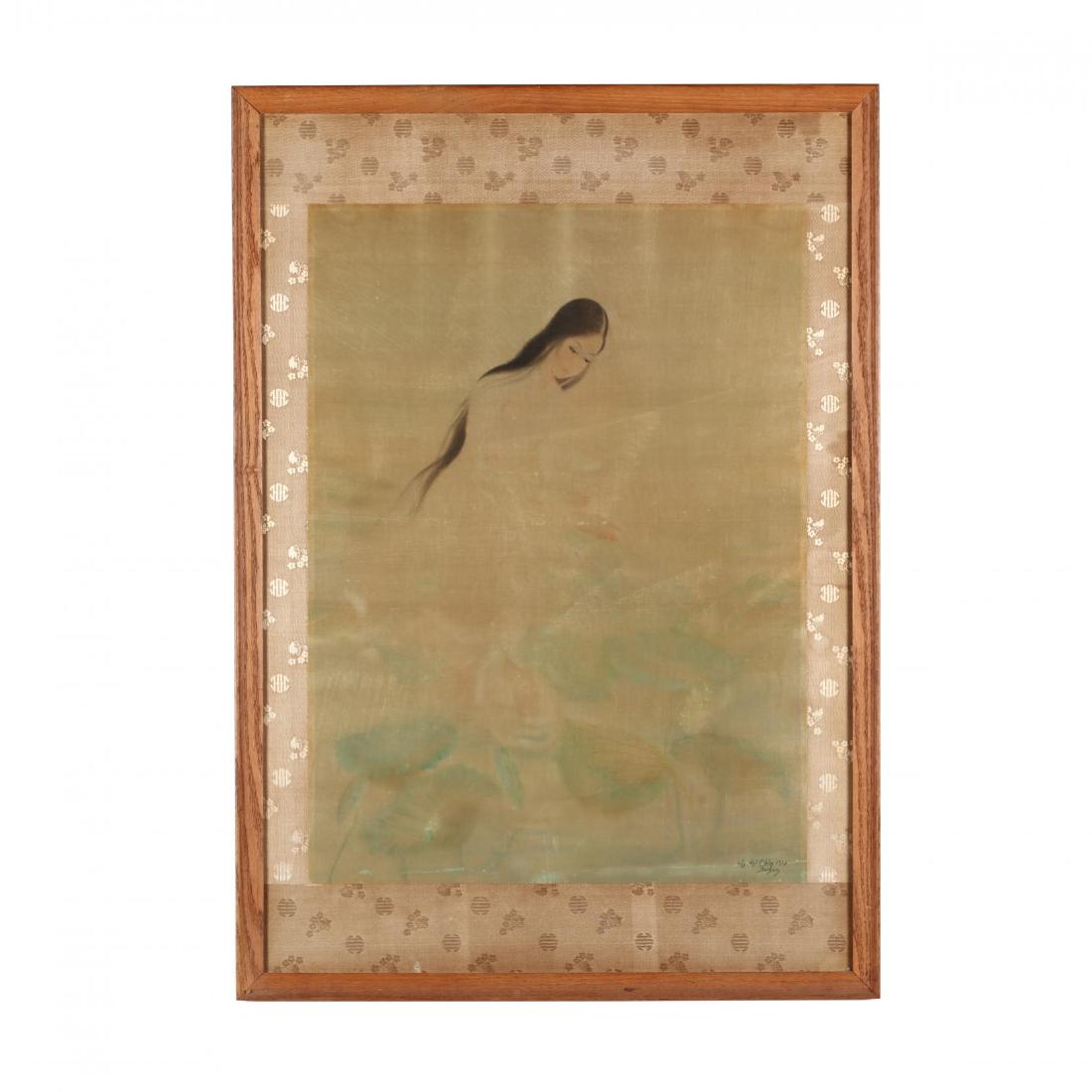 A Painting of a Vietnamese Woman by Lotus Blossoms: A Painting of a Vietnamese Woman by Lotus Blossoms signed Ng-dhi-Chin 1958 Saigon, a hauntingly beautiful watercolor painting on silk of an elegant Vietnamese woman with long flowing black hair tendin