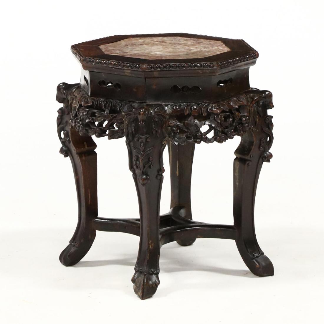 Chinese Carved Wood Marble Top Low Table (1 of 2)