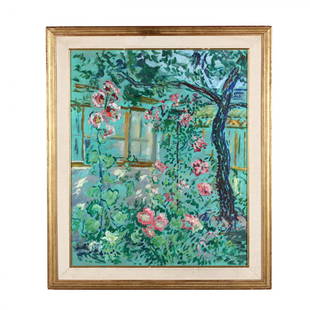 Pierre Philippe Bertrand (French, 1884-1975), Les: Pierre Philippe Bertrand (French, 1884-1975), Les roses du jardinoil on Masonite, signed and titled on the verso, presented in the likely original frame. DOA 35 x 29.25 in. Palm Beach Galleries, Palm