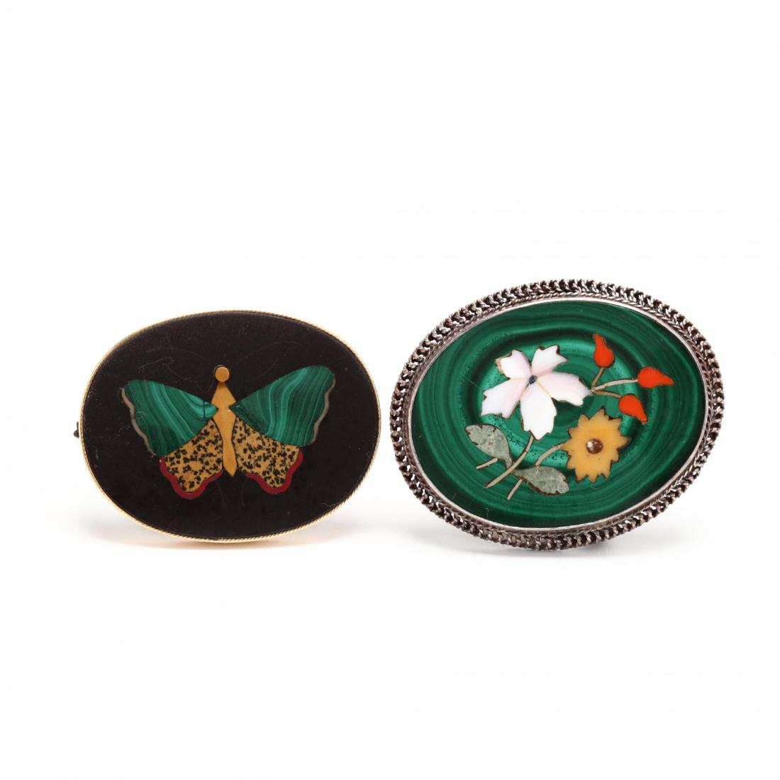 Two Pietra Dura Brooches: Two Pietra Dura Broochesthe first a silver pietra dura mosaic brooch with a malachite ground and stone inlay in a floral motif with a rope detailed border (1 7/16 x 1 3/4 in); the second a gold bezel