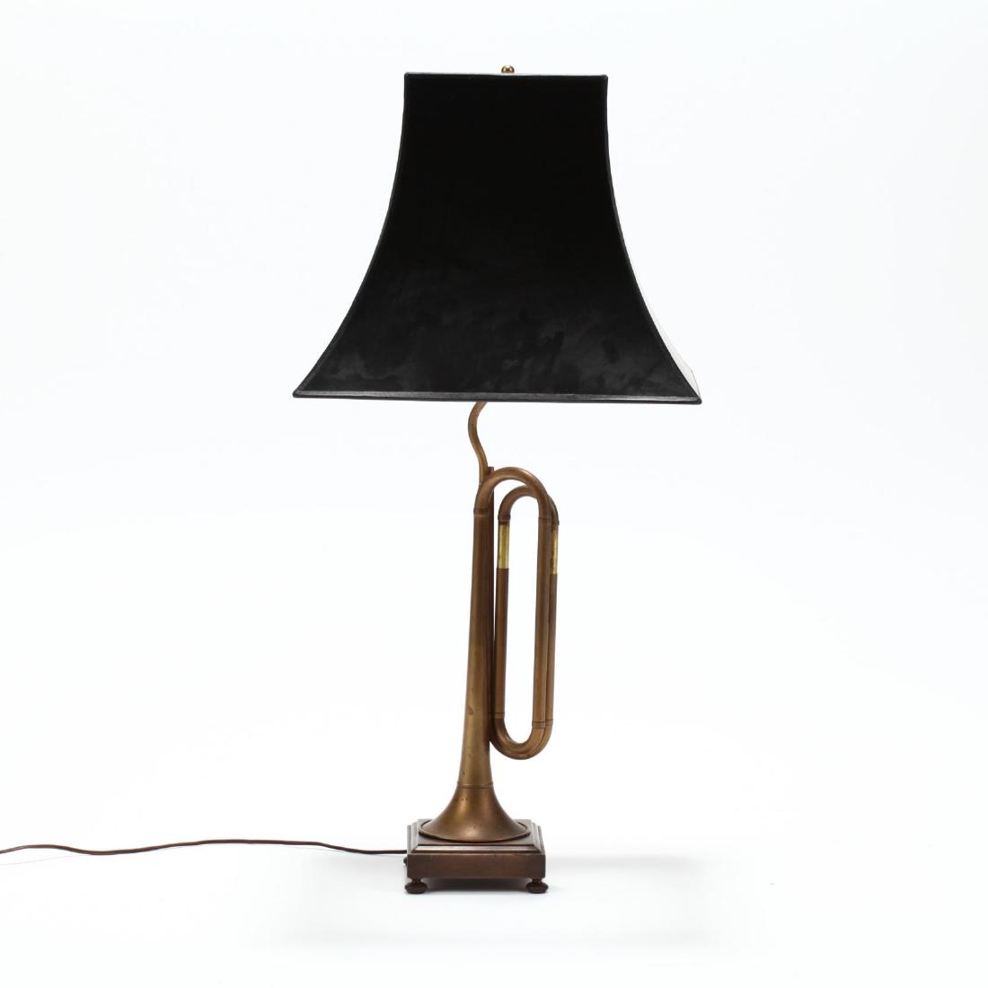 Frederick Cooper , Trumpet Form Table Lamp: Frederick Cooper, Trumpet Form Table Lampmid 20th century, antiqued metal with wood base, black lacquered paper shade, partial label to socket. HOA 34 in. From the Collection of Josie Ward Patton, Cha