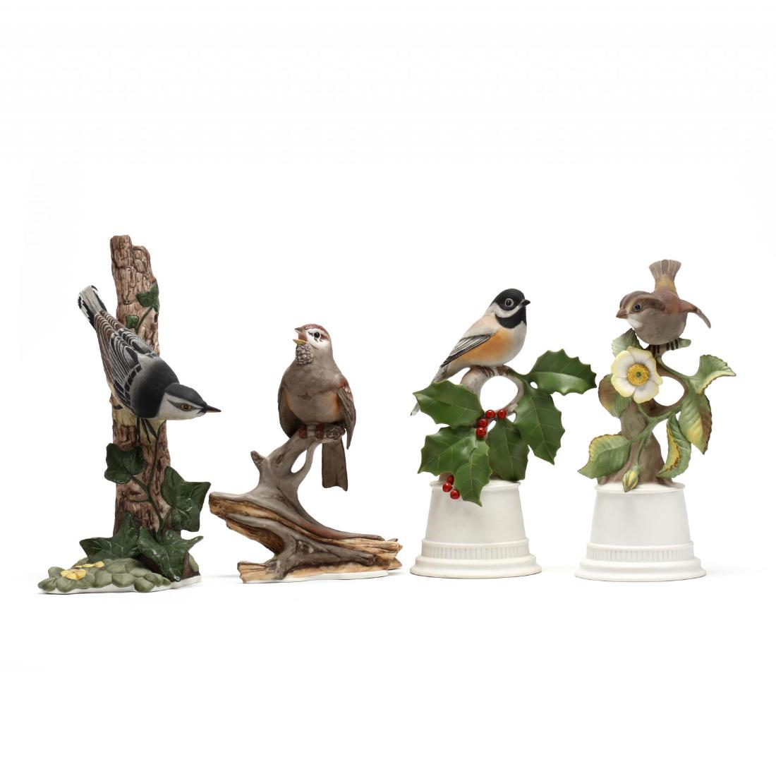 Four Boehm Bird Figurines and Boehm Book: Four Boehm Bird Figurines and Boehm Bookto include: Tree Sparrow 468; Chickadee 438; White Throated Sparrow 430; Nuthatch 469; plus Palley, Reese. The Porcelain Art of Edward Marshall Boehm (New York: