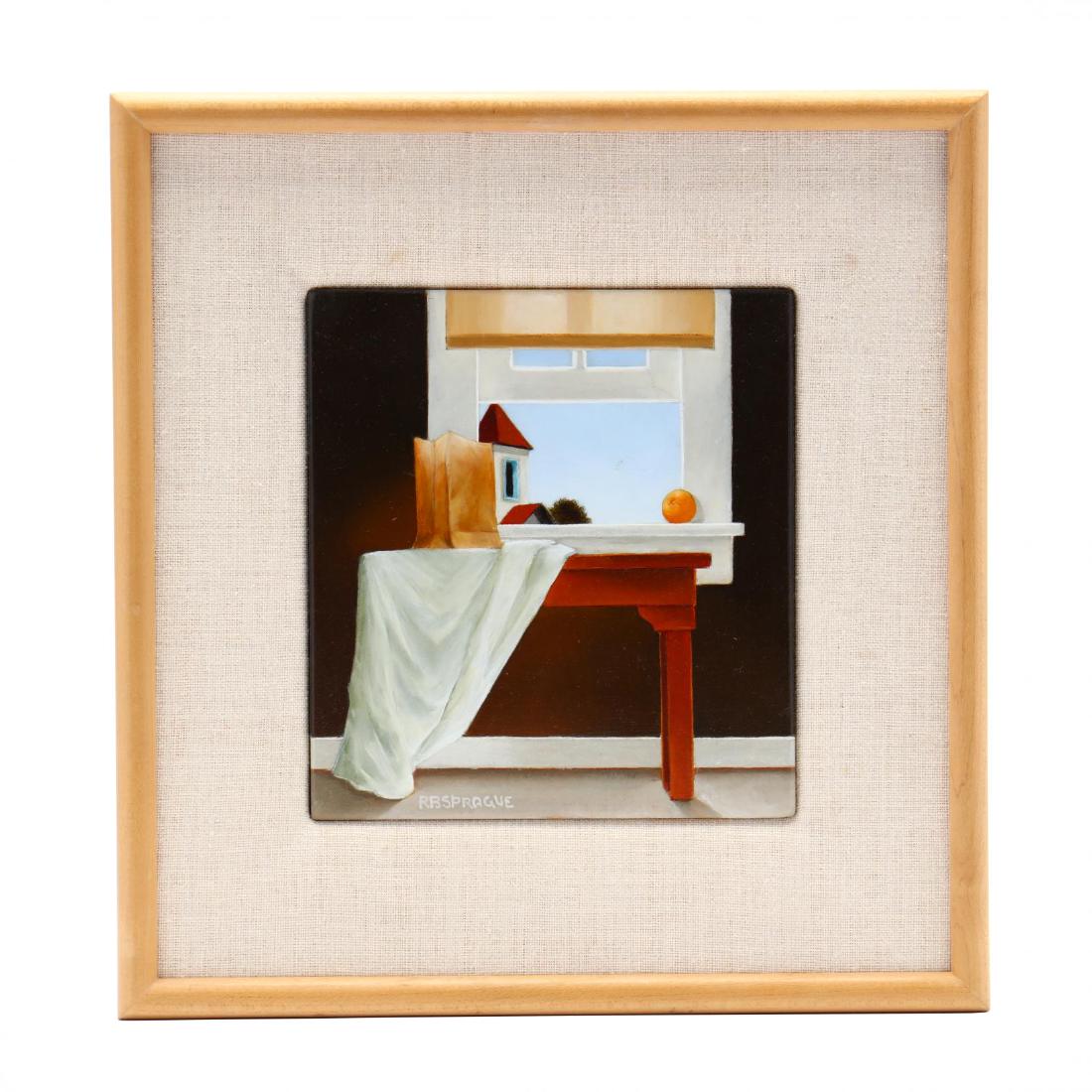 Roger "RB" Sprague (NM, 1937-2010), Window with: Roger "RB" Sprague (NM, 1937-2010), Window with Steeple oil on masonite, signed at lower left, retains gallery label to verso, attractively lined and framed. DOA 11 1/4 x 10 3/4 in. Leslie Levy Galler