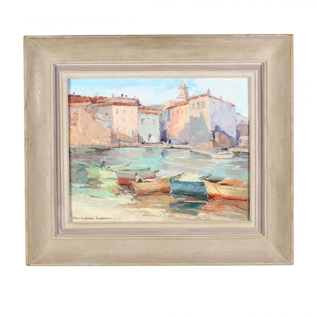 Nell Walker Warner (American, 1891-1970), St. Tropez,: Nell Walker Warner (American, 1891-1970), St. Tropez, Franceoil on board, signed at lower left, also signed and titled to stretcher, presented in a painted wooden frame. DOA 18.5 x 21.5 in. Private Co
