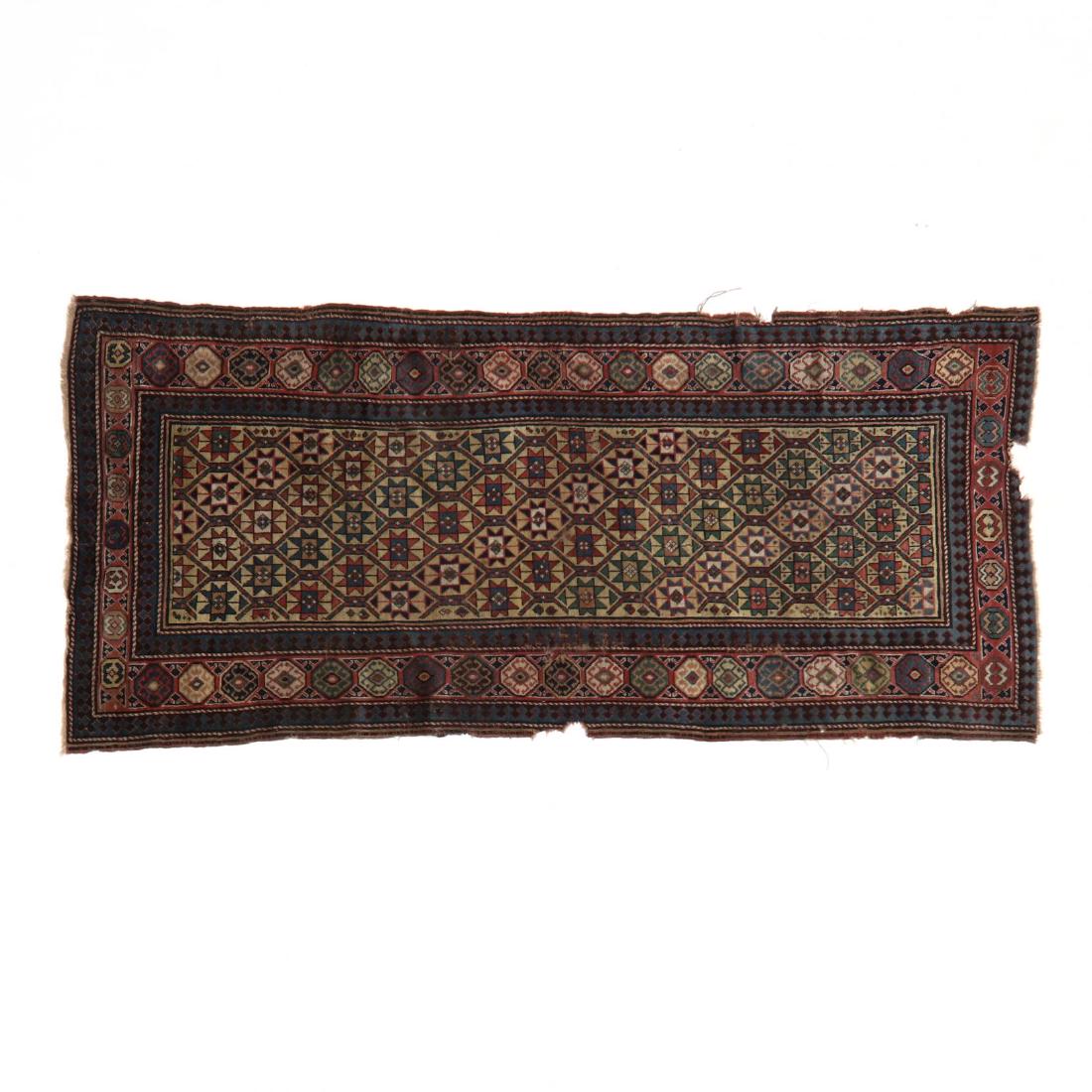 Persian Tribal Rug: Persian Tribal Rug yellow field with repeating diamond-shaped medallions with multiple guard borders. 3 ft 9 in x 8 ft 4 in. Estate of the late John M. Bahner, Jr., Albemarle, NC Additional high-resol