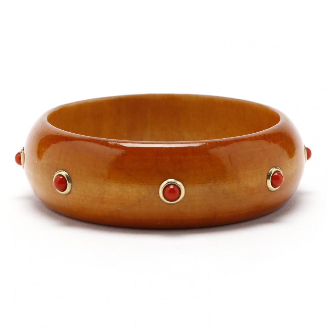 14KT Gold Wood & Coral Bangle Bracelet (1 of 4)