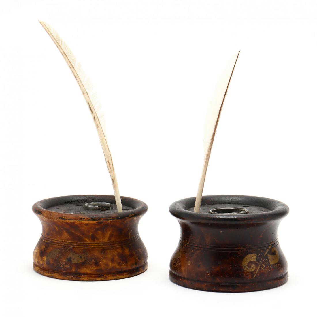 Two Paint Decorated Turned Wood Ink Wells