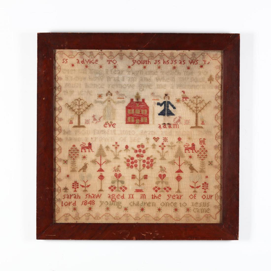Sarah Shaw's Needlework, 1848: Sarah Shaw's Needlework, 1848worked in multi color silk threads, top register to include maker's and her family members' initials and "advice to youth" and below its hymnal verse, composition includes