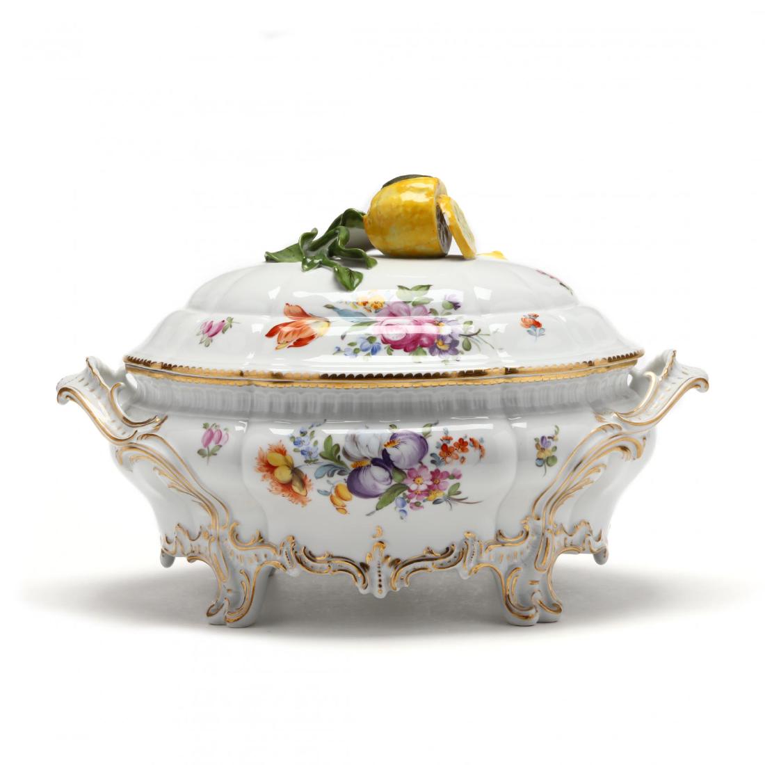 Nymphenburg Lidded Tureen: Nymphenburg Lidded Tureenearly 20th century, hand painted, with gilt highlights and sliced lemon finial, marked. 9.5 x 15 x 10 in. Purchased at Brunk Auctions, lot 440, Collection of Mrs. Mary Duke Bi
