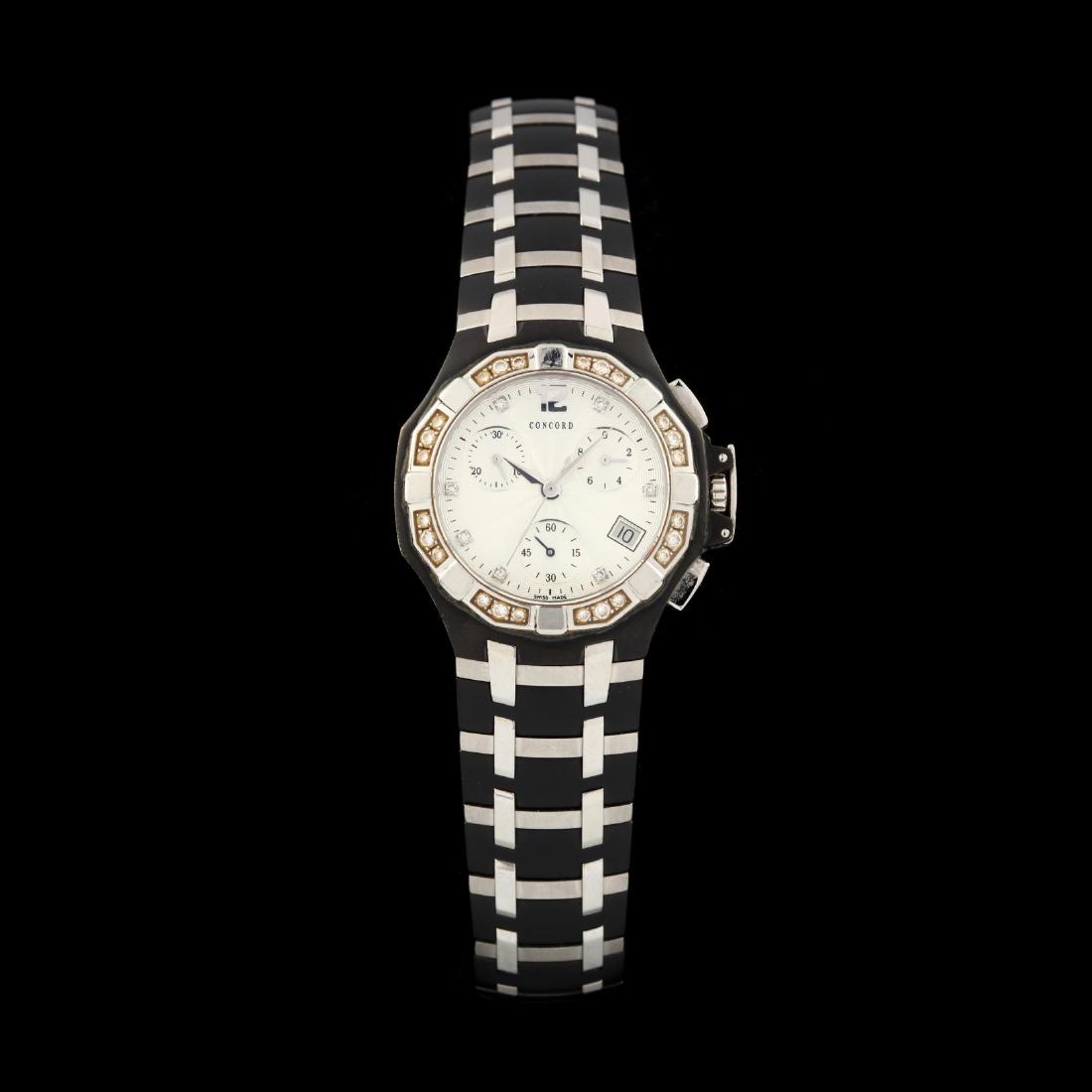Stainless Steel and Diamond "Saratoga" Watch, Concord: Stainless Steel and Diamond "Saratoga" Watch, Concord quartz movement, with stainless steel and black PVD case with diamond accents to stainless steel bezel, the silver engraved guilloche dial with Ar