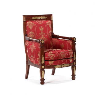 A French Empire Bergere Attributed to Jacob-Desmalter: A French Empire Bergere Attributed to Jacob-Desmalter et Cie(François Honoré Georges Jacob-Desmalter, 1770-1841), circa 1810, mahogany, crest with applied ormolu mounts, turned arm rails termina