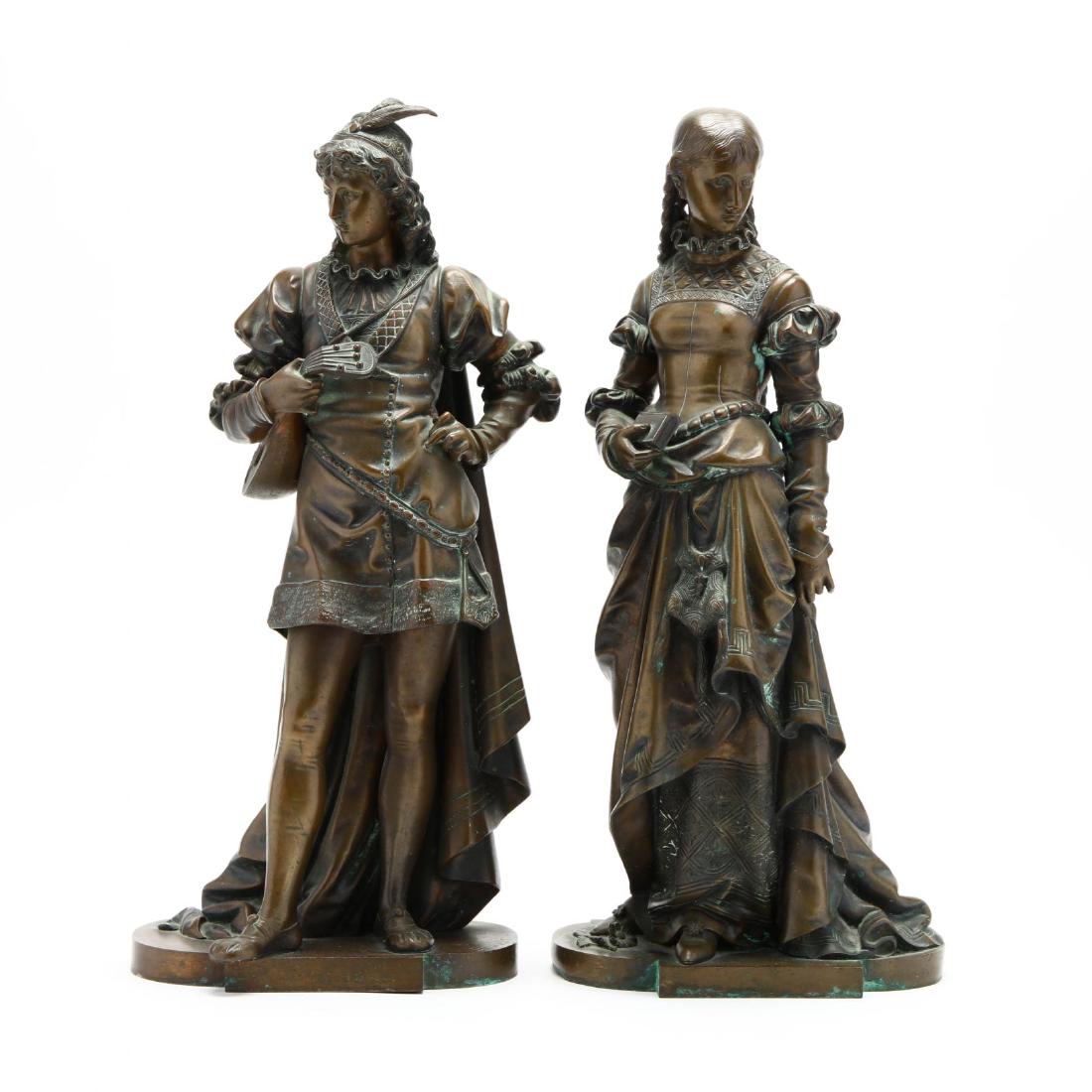 after Eutrope Bouret (French, 1833-1906), A Pair of: after Eutrope Bouret (French, 1833-1906), A Pair of Bronzesearly 20th century, each signed "Bouret" to the plinth and inscribed "Morel" to the underside, the first shows a standing Marguerite de Navar