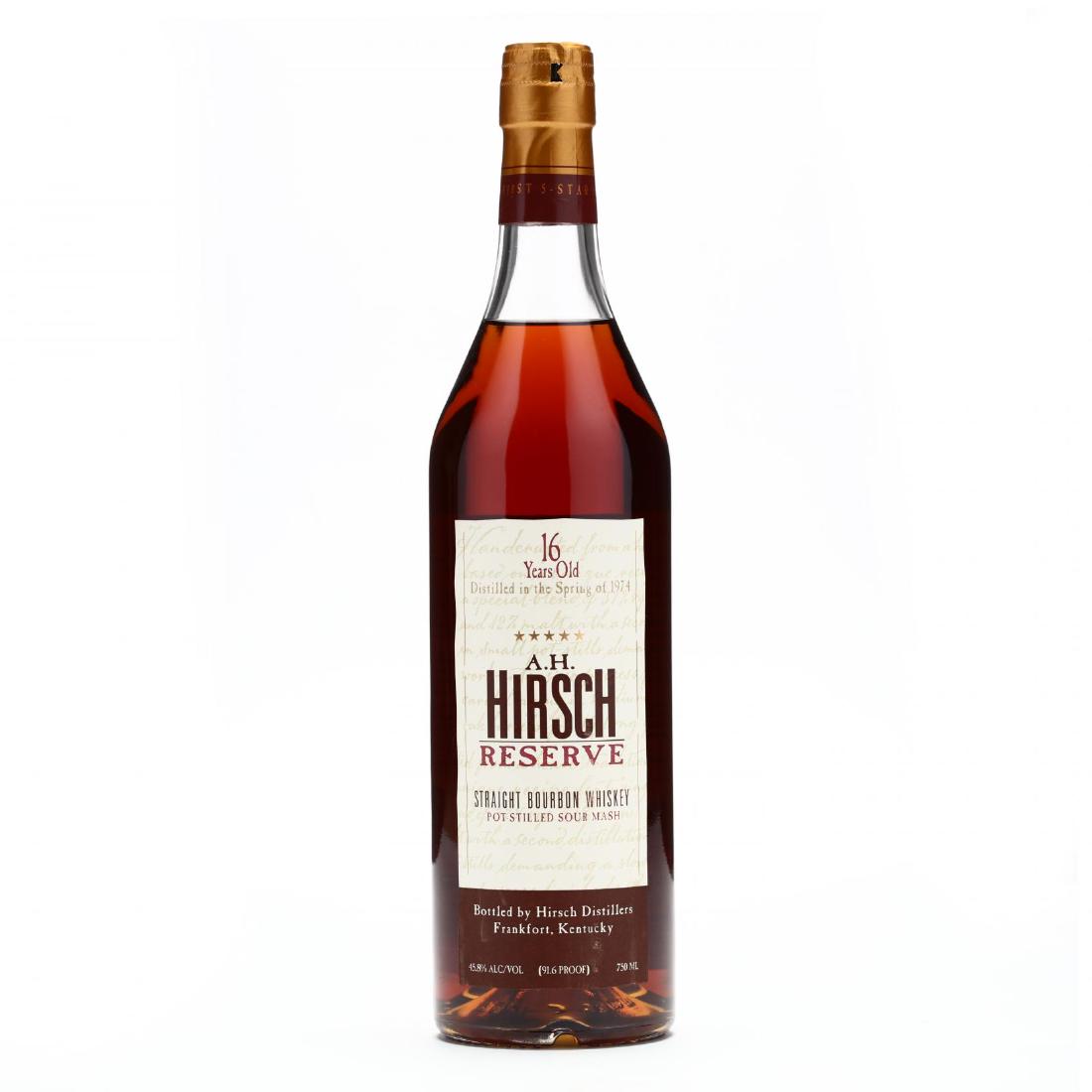 A.H. Hirsch Whiskey: Not available for international shipping. NV, A.H. Hirsch, Reserve, 16 Years Old Straight Bourbon Whiskey, Bottled by Hirsch Distillers, Frankfort, Kentucky, 45.8%, distilled in the Spring of 1974, 3.