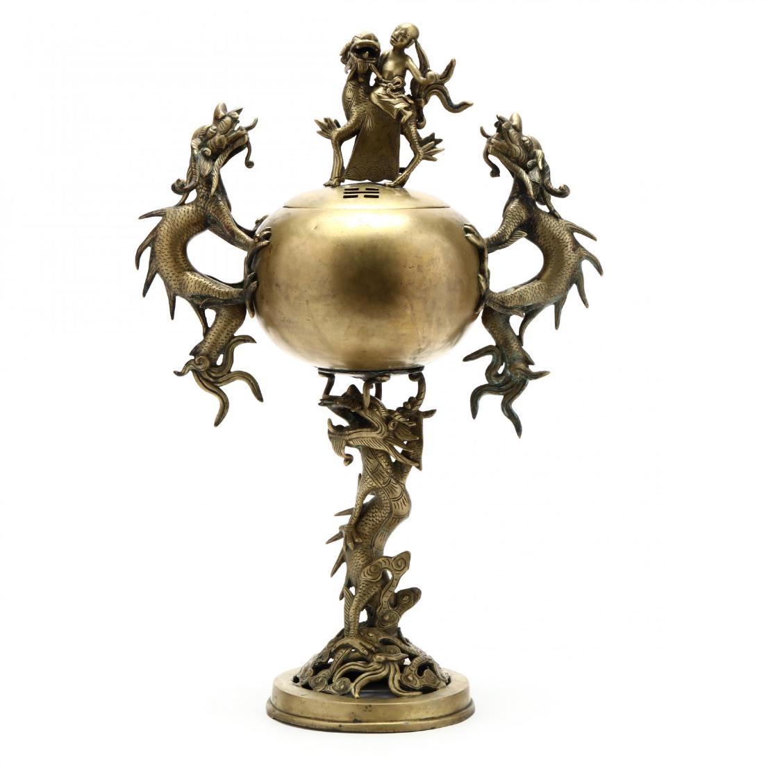 A Large Chinese Brass Incense Burner with Dragon (1 of 5)