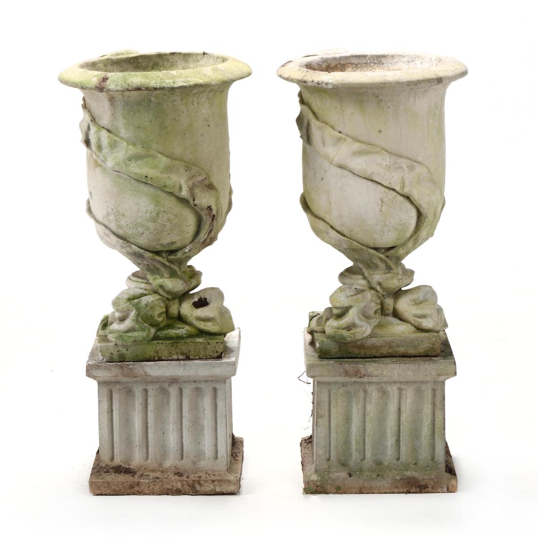 Pair of Cast Stone Classical Garden Urns on Stands (1 of 4)